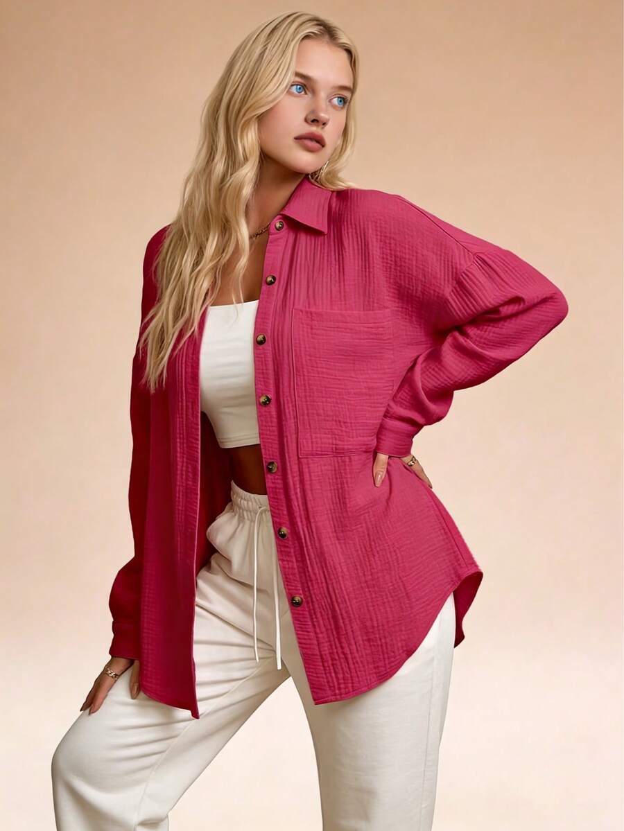 Women's Loose-Fit Crinkled Button-Down Shirt - White & Multi-Color, Long Sleeve, Collared, Casual Spring & Fall Top, Ladies Outdoor Shirt, Minimalist Stylish Daily Wear, All-Age Home & Leisure Blouse - 紅色 - 查看 1