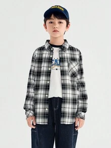 Balabala 儿童长袖衬衫，2025新款秋季格子纽扣衬衫 - 黑白色調 - 查看 2
