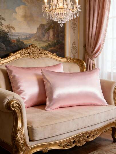 2个装高级丝滑缎面信封式枕套，柔软透气，不易起皱，呵护秀发肌肤，助您安眠。枕套不含枕芯，珊瑚粉色，适用于沙发、卧室和床铺装饰。四季通用。