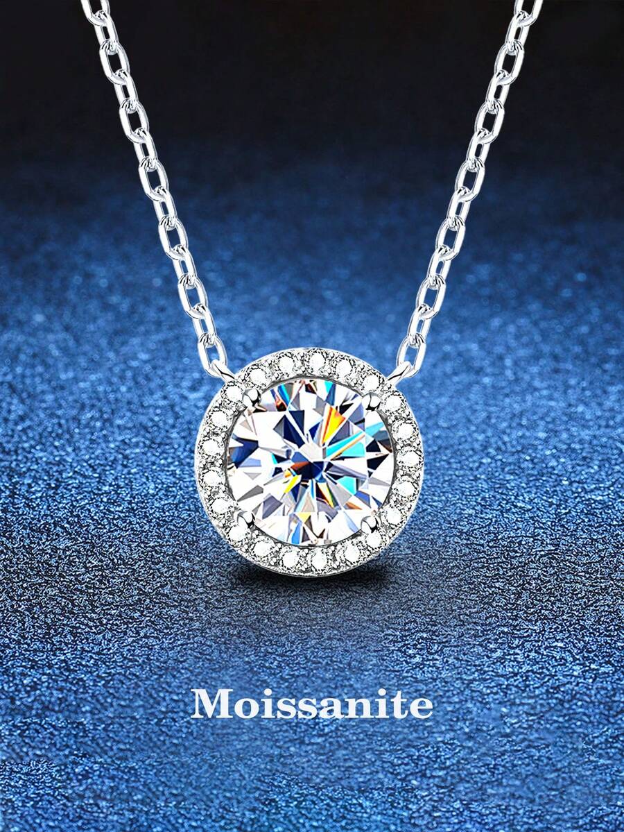 BLOVEMEE 1件时尚奢华925银1-2克拉莫桑石吊坠项链，适合女性日常佩戴、派对、节日、情人节、母亲节、结婚纪念日等场合，是馈赠佳品。 - 銀色 - 查看 1