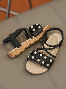 1双复古露趾儿童凉鞋，夏季新款时尚透气沙滩鞋，软底防滑 - 黑色 - 查看 4