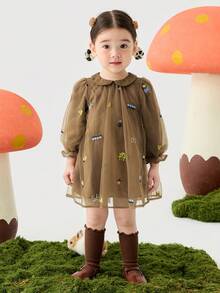 mini bala Girls Embroidered Mesh Party Dress, Sweet Peter Pan Collar - Coffee Red Tone - View 7