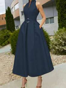Vestido elegante de mujer con cintura anudada y línea A, nuevos estilos de primavera/verano y verano/otoño, sin mangas y escote en V, vestido para oficina/uso diario en color negro - Azul marino - Ver 6