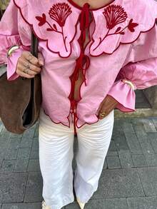 Urban Chic Sweet Tie-Up Peter Pan Collar Ruffle Flare Sleeve Blouse, Suitable For Singles' Party, Back To School Season, Holiday Outfits, Party Dresses, Halloween, Eid, Autumn Women's Wear - Pink - View 2