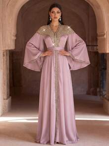 Elegante bata larga formal bordada en verde lima con corsé de cuentas y mangas acampanadas, vestido largo árabe, adecuado para mujeres, bata de fiesta, vestido de noche musulmán, bata formal, estilo modesto - Rosa vieja - Ver 9