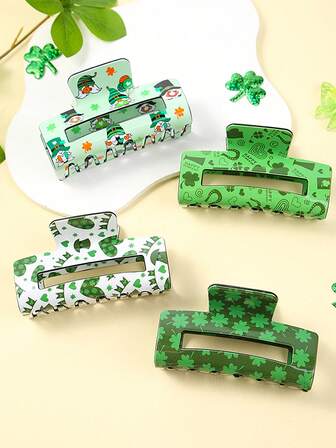 4个爱尔兰守护者透明亚克力印花四叶草发夹，适合日常、度假、派对，是送给女性的礼物，也是度假爪夹和沙滩发夹的理想之选。
