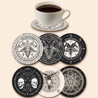 6pcs Satan Goat & Gothic Style Round Wooden Coasters, Home Decor Coasters For Coffee Cups, Beverages, Wine, Beer Bars, Suitable For Home, Cafe, Afternoon Tea, Mugs - Indoor Decor, Holiday House Decor, Party Supplies, Great Gift Idea