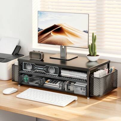 EZIFY Multi-Purpose Laptop Monitor Stand - Black Metal Desk Organizer With Drawer & 2 Pen Holders For Office