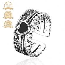 1入組S925純銀黑色心形復古朋克嘻哈中空女士戒指，可調整 - 銀色 - 查看 10