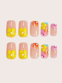 Mejora tu apariencia instantáneamente con 24 uñas postizas de tamaño mediano y forma cuadrada. Diseño de flores amarillas y color albaricoque para y verano. Uñas postizas de cobertura completa para mujeres y niñas, incluye 1 hoja de pegatinas adhesivas y 1 lima de uñas mini. Adecuado para fiestas, citas y uso diario en la oficina. Se envía aleatoriamente con pegamento de gelatina. - Multicolor - Ver 3