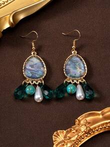 一对时尚海洋元素几何仿珍珠鲍鱼纹理薄荷绿水滴流苏耳环，独特设计 - 金黃色 - 查看 2