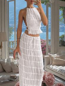 2pcs Chiffon Layered Ruffle Lace Trim Backless Camisole Maxi Dress Set, Romantic Elegant Two Pieces, Suitable For Christmas, Party, Gothic, Wedding And Other Occasions - White - View 8