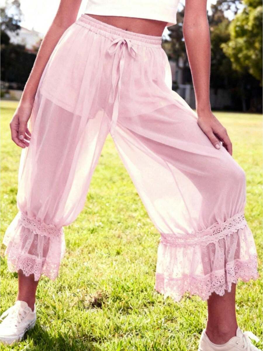Women Long Bloomer Pants Lace Patchwork Drawstring Elastic Waist Victorian Capri Pants Lounge Pettipants - Rosa - Ver 1