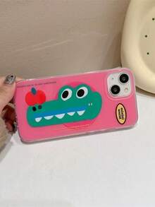 1pc Niche Design Cartoon Crocodile & Apple Magnetic Adsorption Full Coverage Phone Case + Magnetic PU Leather Card Holder TPU Shockproof Protective Cover For IPhone11/12/13/14/15/16/17/PROMAX, Pink - Pink - View 4