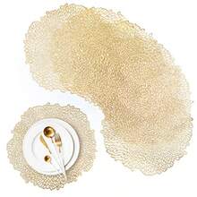 Round Gold Placemats Sets Of 6 PVC Table Mats Set Gold Washable Heat Resistant Vinyl Table Mats 38x38cm For Kitchen - Flower - View 1
