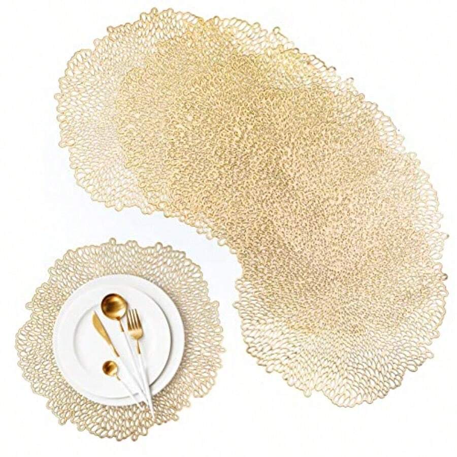 Round Gold Placemats Sets Of 6 PVC Table Mats Set Gold Washable Heat Resistant Vinyl Table Mats 38x38cm For Kitchen - Flower - View 1