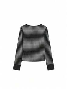 条纹长袖T恤，修身性感上衣，适合秋冬季穿着 - 黑灰條紋 - 查看 5