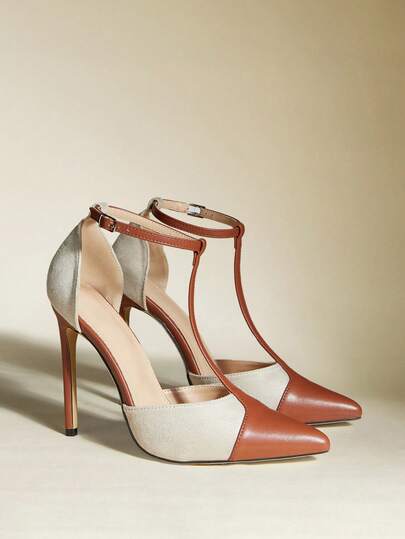 Women's Pointed Toe Colorblock T-Strap Hollow Out High Heel Pumps, Sexy & Fashionable For Party Wear