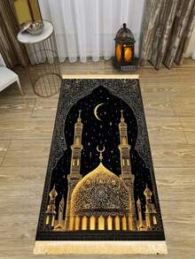 天鹅绒加厚豪华祈祷毯，跪垫，带流苏祈祷垫，绿色和金色伊斯兰拱形花卉图案，可机洗，防滑，柔软舒适，经久耐用，可折叠，适合穆斯林、清真寺、室内/室外伊斯兰祈祷活动、斋月使用。 - 彩色 - 查看 5