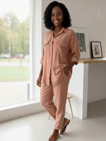 Women's Set: Pants And Shirt With Elastic Waistband, Comfortable, Casual, And Stylish For Everyday Wear. - 乾枯玫瑰色 - 查看 4