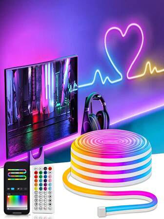 5米蓝牙LED霓虹灯带，支持APP和遥控器控制，RGB LED霓虹灯，柔性灯带，适用于家居装饰、墙面装饰灯、电视背光灯、夜灯、串灯、LED灯、装饰灯等。这款RGB LED霓虹灯带配备遥控器，支持智能变色DIY模式，柔性灯带，适用于卧室室内/室外装饰、LED夜灯、装饰灯、DJ氛围灯等。