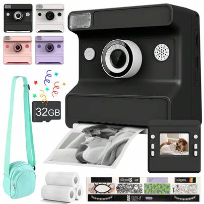 2.4" IPS Screen Instant Print Digital Camera, 1080P HD, 32GB Card, Rechargeable, Suitable For Vlogging, Kids Digital Camera Toy Gift For 6-12 Years Old Boys & Girls