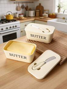 一套不锈钢黄油碟（含黄油刀）、带盖奶酪盒、奶酪切片器、冰箱食品容器，适用于家庭厨房、户外野餐和露营。 - 彩色 - 查看 1