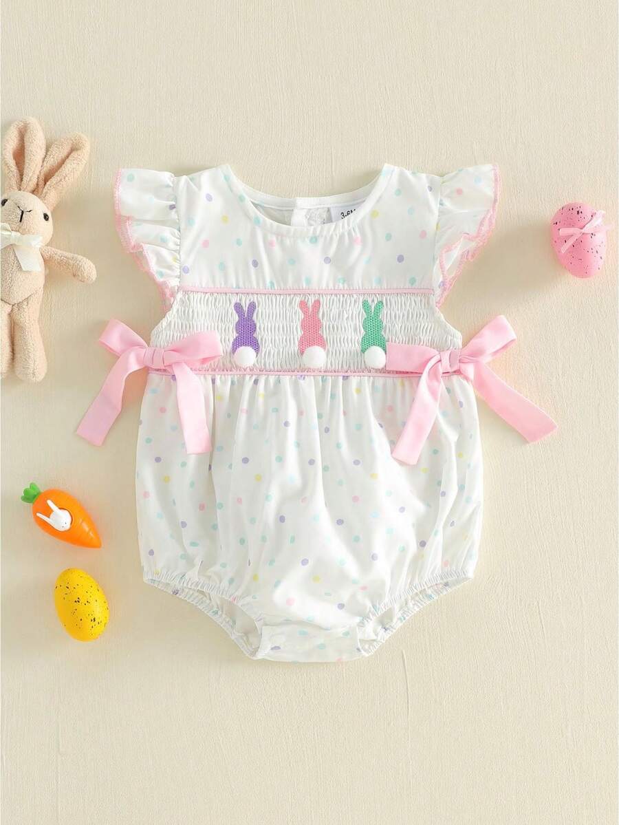 Baby Girl Easter Outfit Bunny Floral Embroidery Flying Sleeve Smocked ...