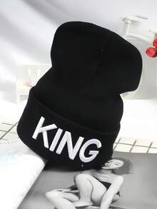 绣有国王和王后图案的针织帽，男女皆宜的冬季针织帽，欧美情侣款卷边宽松帽，畅销保暖帽 - 黑色 - 查看 3