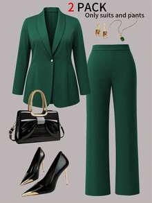 Plus Size Women's Casual 2-Piece Set, Elegant Plus Size Professional Suit With Button Detail, Regular Sleeve Blazer And Pants, Suitable For Business, Office, Exhibitions, Formal Meetings - Dark Green - View 6