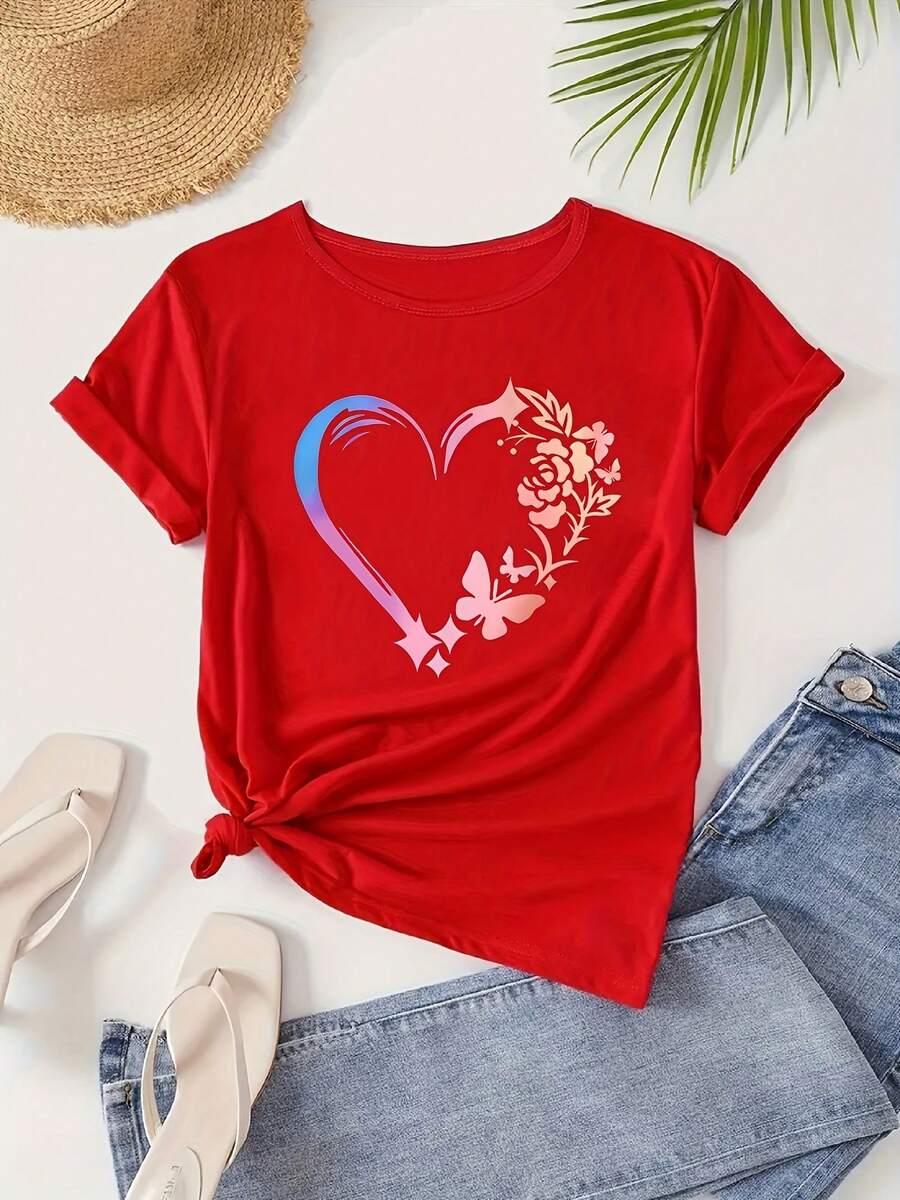 Women's Casual Crew Neck Short Sleeve T-shirt - Valentine's Day Gift, Easy to Match, Stylish Look - Rojo - Ver 1