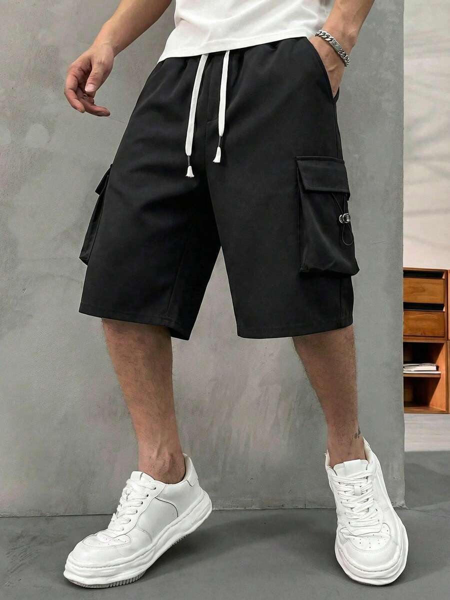 Men's Casual Sports Solid Color Drawstring Capri Pants, Streetwear Daily - Black - View 1