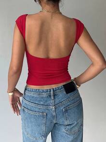 Faeriesty Stylish Women's Red Boat Neck Cap Sleeve Backless Top – Casual Chic For Streetwear, Daily Outings, Weekend Hangouts, City Exploration & Outdoor Adventures - Red - View 2