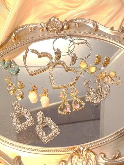 5 Pairs Fashionable, Elegant, Delicate, Retro, Cute Y2K Style Heart, Rhinestone, Faux Cat Eye, Flower, Pink Rhinestone, Tassel, Hollow Square Design Earrings Set, Suitable For Holidays, Parties, Dates, Gifts, Daily Wear