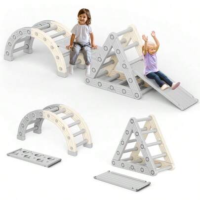 10 In1 Montessori Indoor Playset With Slide And Rocker,Plastic Indoor Climbing Frame, Montessori Climber Ladder Slide Learning Climbing Arch Toys(Beige Gray)