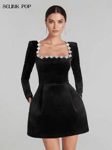 Elegant Solid Color Square Neck Rhinestone Embellished Short Velvet Dress, Suitable For Evening Date, Party, Wedding - Black - View 2