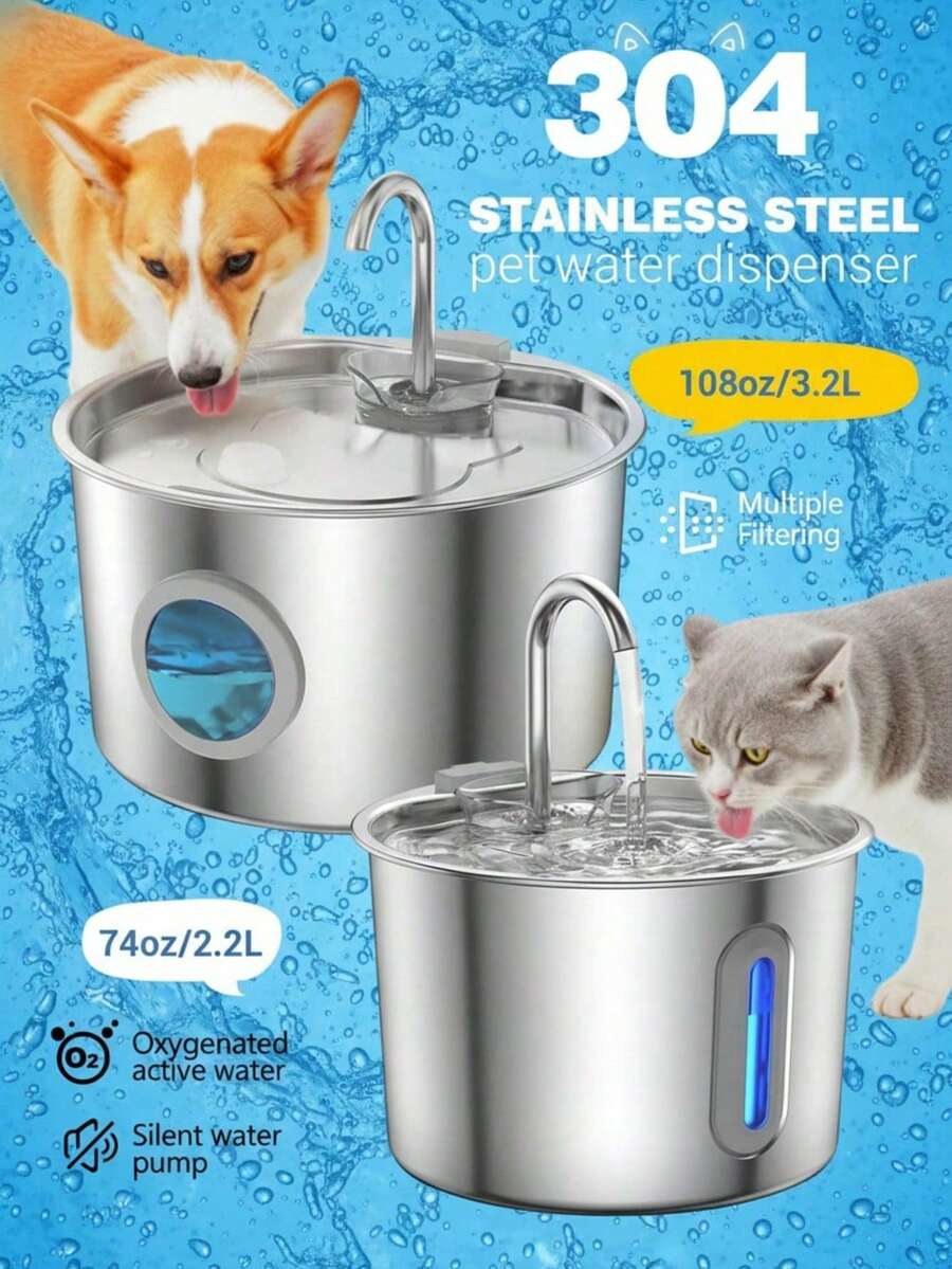 3.2L/2.8L Large Capacity Cat Water Dispenser, 304 Stainless Steel Pet Water Fountain, Circulating Filtered Water, Automatic Water Feeder, Quiet Water Pump, Suitable For Cats And Dogs, Visible Window Design