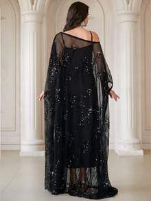 Elegant Women's Black 2-Piece Robe With Contrast Sequin & Ruffle Details, Asymmetric Batwing Sleeve Oblique Shoulder Collar Design, Drawstring Waist - Black - View 2
