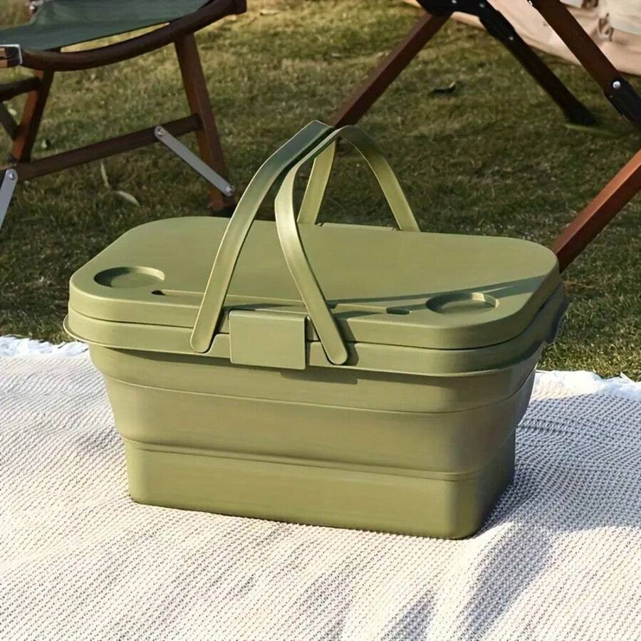 1 pieza Cesta de picnic para exteriores, caja de almacenamiento plegable multifuncional: diseño portátil de gran capacidad + tapa a prueba de polvo, organizador de aperitivos/frutas, cesta de utilidad portátil para el hogar y exteriores, cubo de pesca plegable gris, cubo de trapeador plegable multifuncional | Cubo de almacenamiento | Cubo de pesca | Para exteriores, diseño compacto adecuado para el hogar y el camping, accesorio de mesa de picnic