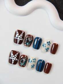 10片手工方形短指甲贴，波点海星图案棕色指甲贴，手绘花卉亚克力美甲贴纸，美甲饰品，可重复使用的不对称图案线条贴纸，闪亮金色铆钉 - 适合女性和女孩，派对、婚礼、日常佩戴、DIY美甲，包含工具包。手工美甲贴纸。假指甲。美甲用品 - 摩卡棕 - 查看 4