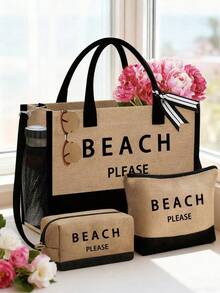 女士沙滩手提包套装，黑色和卡其色，印有“Beach Please”字样，大容量沙滩包内含化妆包、小收纳袋、帽子和可调节肩带，专业化妆包组合，轻松解决旅行途中化妆品收纳难题 - 彩色 - 查看 11