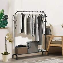 Clothes rack Free-standing clothes hanger Drying rack Metal bedroom clothes rail with lower storage shelf Shoe rack Coat rack for bedroom 146 x 110 x 40cm (Black) - Noir avec crochets latéraux - Voir 12