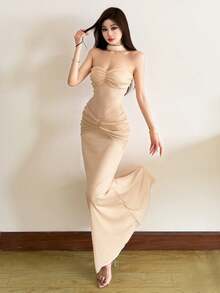 YeonC纯色优雅派对修身露背鱼尾下摆晚宴约会连衣裙 - 卡其色 - 查看 3