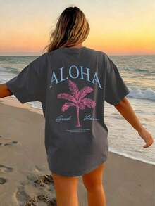 2026 Summer Shirts Women's New Palm Tree Slogan Print Casual Round Neck Short Sleeve T-Shirt, Fashionable Resort Style, Your Daily Essential Item. Gr - 深灰色 2 - 查看 5