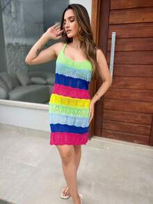 Women's Knitted Beach Cover-Up Colorful Short Dress Beach Outfit - 玫紅色 - 查看 2