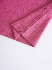 Embroidered Square Neck T-Shirt, Casual Short Sleeve Front Pleat Top, Women Apparel For Spring/Summer - Hot Pink - View 8