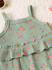 2pcs Baby/Toddler Girls' Cute Fresh Green Floral Print Camisole Ribbed Top + Pants Set, Spring/Summer, Nature Style - Green - View 4