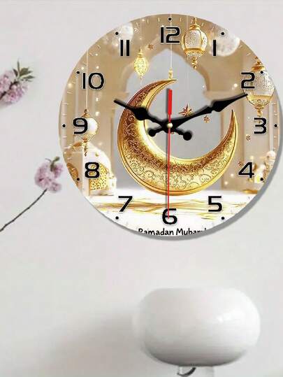1pc 10"/12" Wooden Wall Clock, Ramadan, Silent Wall Clock - With Crescent Moon And Lantern Pattern - White Wooden Finish, European Style - Ideal For Study Or Living Room Decor, Perfect Gift (Batteries Not Included), Home Decor