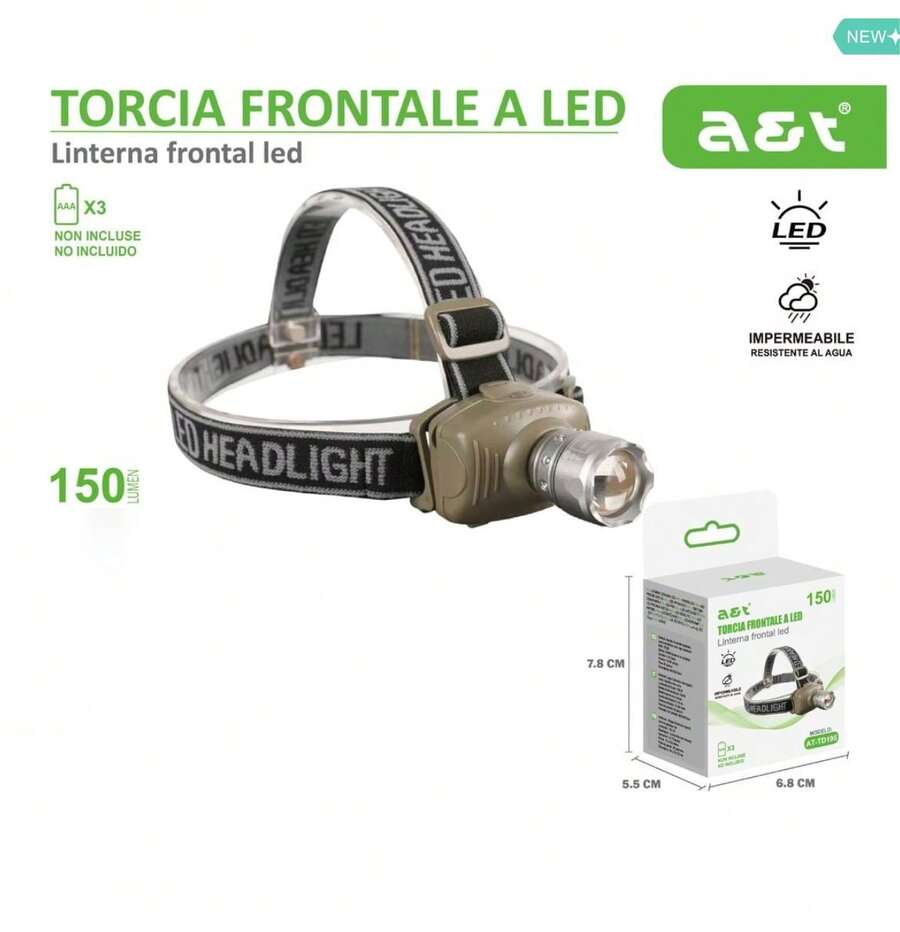 Linterna Frontal LED XPE, 150 Lúmenes, Zoom Ajustable, Impermeable, Funciona con Pilas AAA(No Incluidas), para Acampada, Pesca Nocturna y Deportes al Aire Libre - Verde Oliva - Ver 1