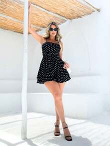 Women's Short Polka Dot Jumpsuit Dress With Ruffle And Thin Straps, Summer, Zipper, Dune, Casual, Elegant, Cute, Boho, Layered Fabric, Ruffled Hem, Zipper, Jumpsuit Dress, Dating, Beach, Wedding, Vacation, Party, Daily - 黑色 - 查看 7